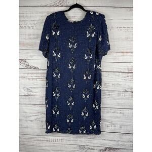 Stenay Plus Dress Women's 16 Blue Silk Sequin Beaded Short Sleeve Lined Keyhole